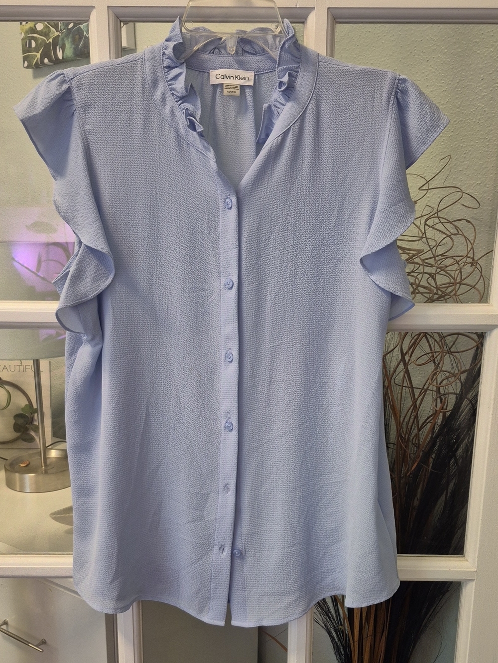 Calvin Klein Pale Blue Ruffle-Sleeve Button Front Blouse